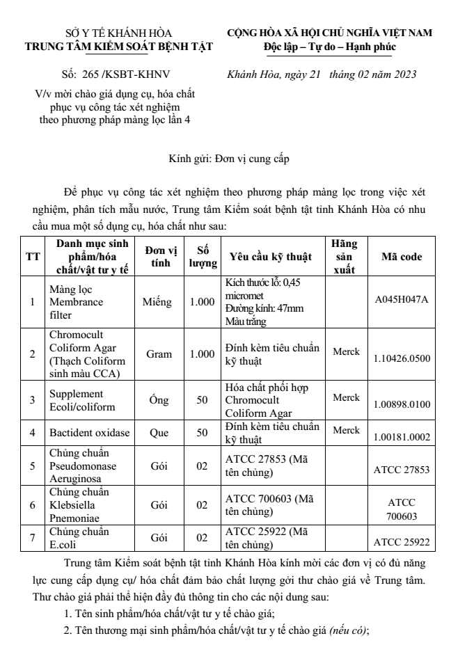 Mời chào giá dụng cụ, hóa chất phục vụ công tác xét nghiệm theo phương pháp màng lọc lần 4